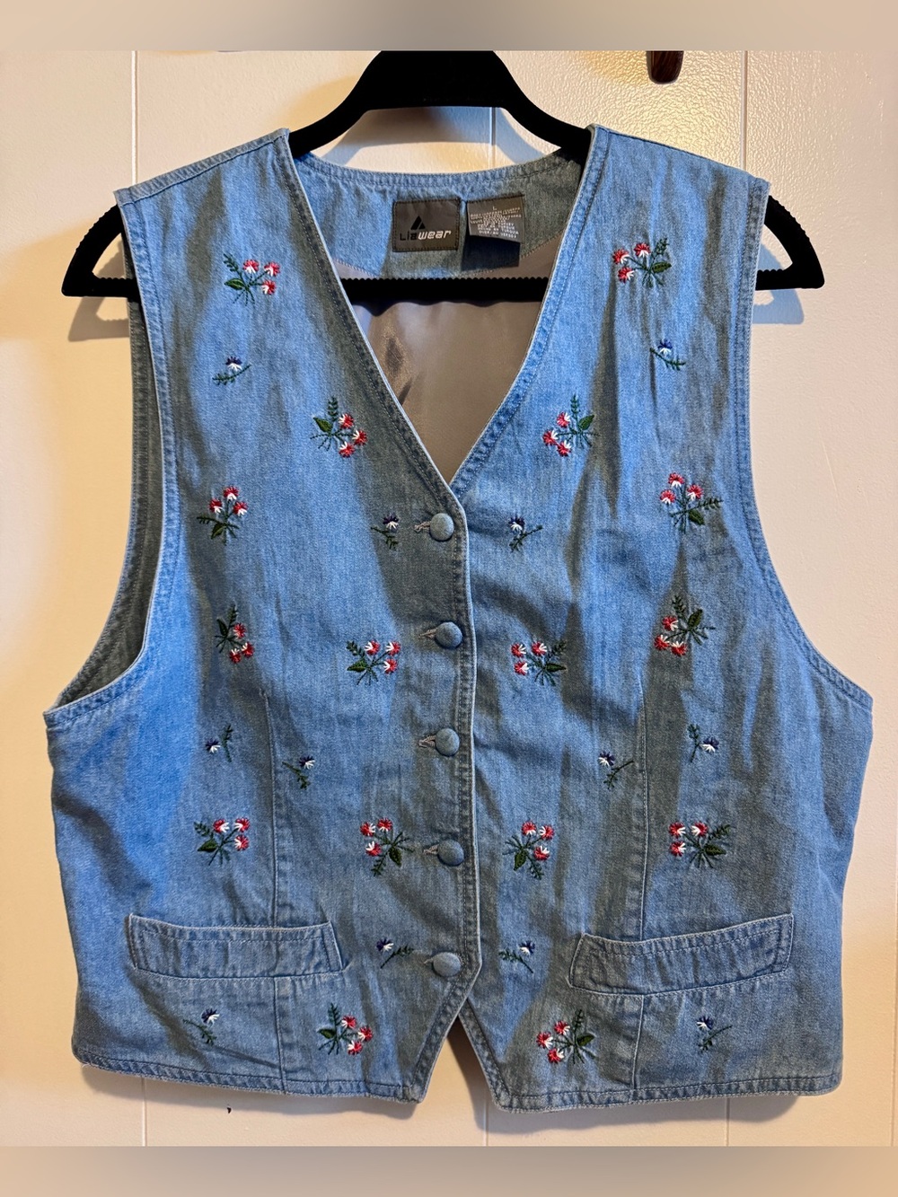 Vintage Lizwear Light Blue Embroidered Denim Vest - Floral Button-Front